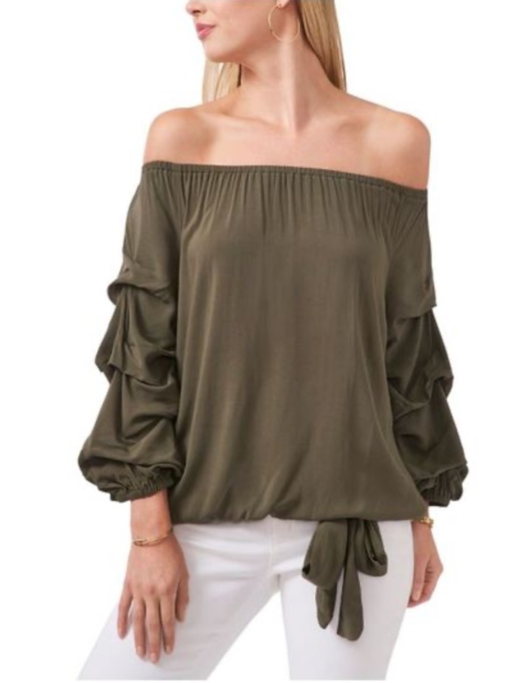 VINCE CAMUTO Womens Green Tie Elastic Band Balloon Sleeve Party Top Sz S
